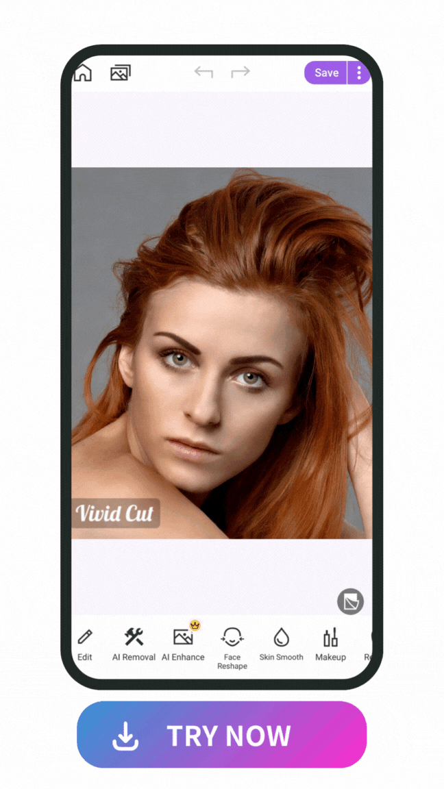 demonstration of using Vivid Glam to retouch photo with face reshape and makeup tools